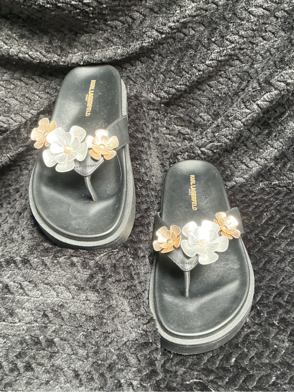 Karl Lagerfeld Black Platform Floral Thong Sandals with Gold & Silver Accents